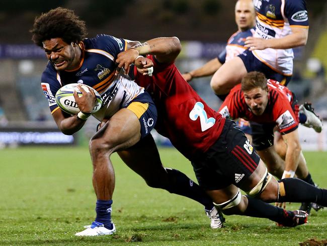 CANBERRA, AUSTRALIA - APRIL 28: Henry Speight of the Brumbies runs the ball during the round 11 Super Rugby match between the Brumbies and the Crusaders at GIO Stadium on April 28, 2018 in Canberra, Australia.  (Photo by Mark Nolan/Getty Images)