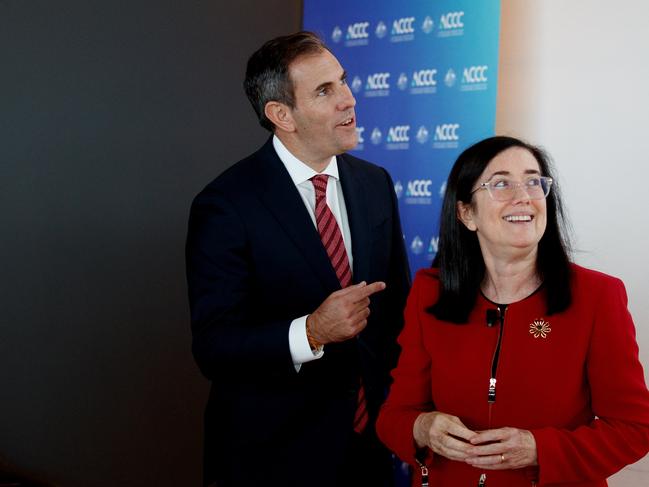 SYDNEY, AUSTRALIA - NewsWire Photos APRIL 10, 2024: Treasurer Jim Chalmers is greeted by ACCC Chair Gina Cass-Gottlieb on Wednesday morning before delivering the annual Bannerman Competition Lecture. Picture: NCA NewsWire / Nikki Short