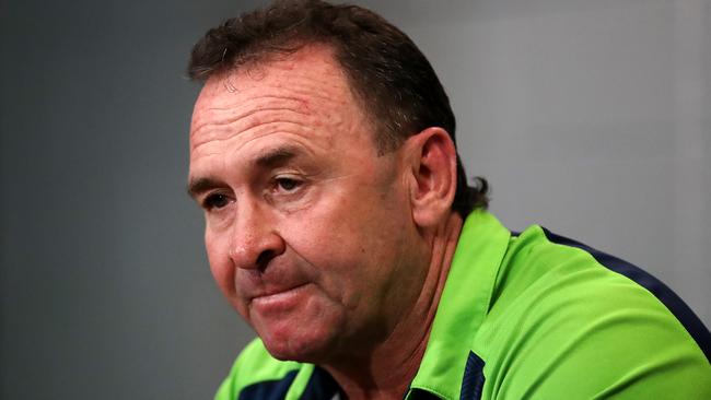 BRISBANE, AUSTRALIA - OCTOBER 16: Raiders Coach Ricky Stuart speaks to the media after the NRL Preliminary Final match between the Melbourne Storm and the Canberra Raiders at Suncorp Stadium on October 16, 2020 in Brisbane, Australia. (Photo by Jono Searle/Getty Images)