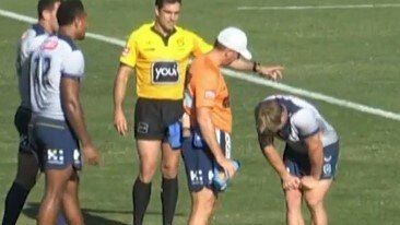 Harry Grant left the field with a knee injury in the Storm vs Knights trial