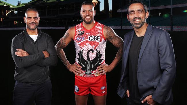 Michael O'Loughlin, Lance Franklin and Adam Goodes at the SCG. Picture: Phil Hillyard