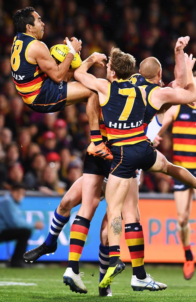 Eddie Betts of the Crows marks in the last seconds of game against North Melbourne on Sunday. Picture: Mark Brake/Getty Images