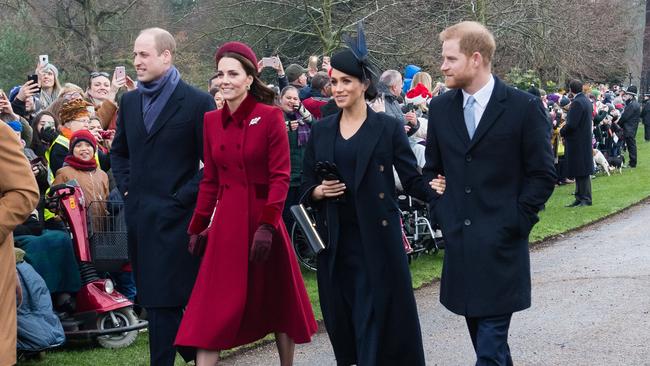 Prince William, Duke of Cambridge, Catherine, Duchess of Cambridge, Meghan, Duchess of Sussex and Prince Harry, Duke of Sussex attend a Christmas Day church service in 2018. (Photo by Samir Hussein/Samir Hussein/WireImage)