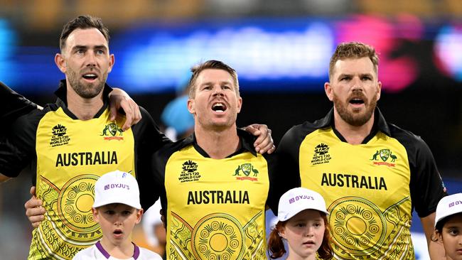 Glenn Maxwell, David Warner and Aaron Finch of Australia. Photo by Bradley Kanaris/Getty Images