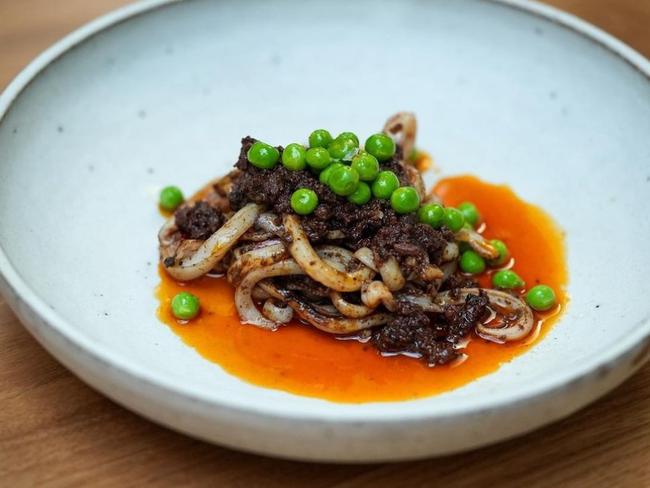 Calamari with morcilla and peas at Bosco, Newstead.