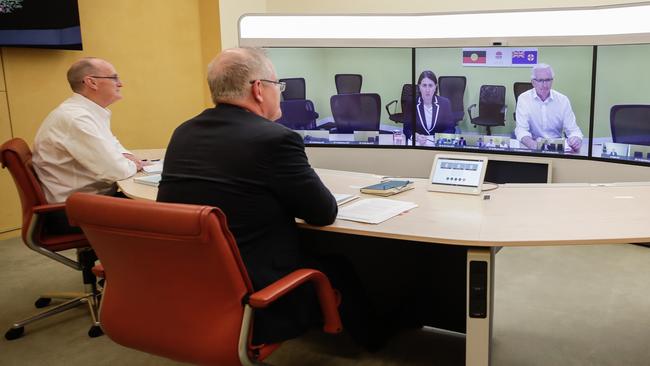 A national cabinet meeting discusses the COVID-19 crisis in March. Picture: Alex Ellinghausen, Pool/Getty Images