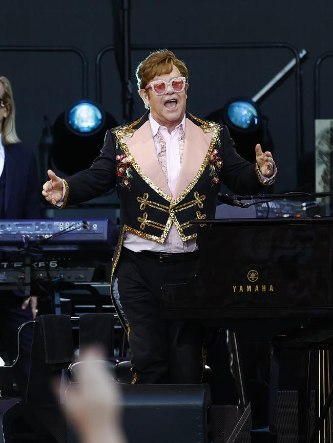 Elton John on stage at McDonald Jones Stadium during the Newcastle leg of his Farewell Yellow Brick Road Tour. Picture: Richard Dobson