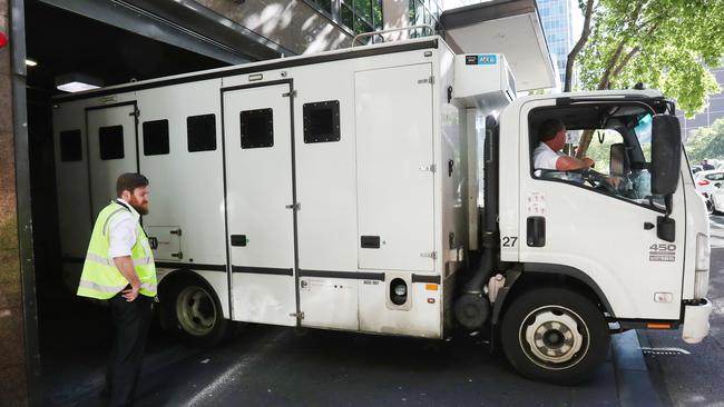 A prison van leaving Melbourne Magistrates’ Court after Borce Ristevski was charged on Wednesday morning. Picture: David Crosling