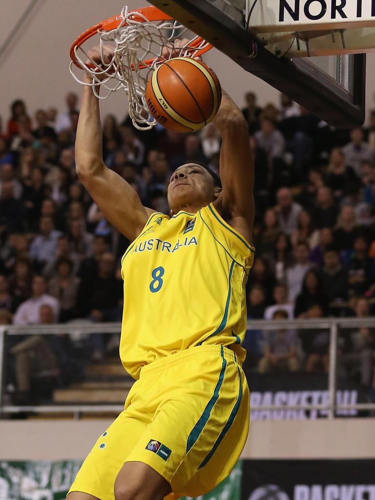 Ben Simmons dunks during a Men's FIBA Oceania Championship against New Zealand in Auckland. Picture: Getty Images