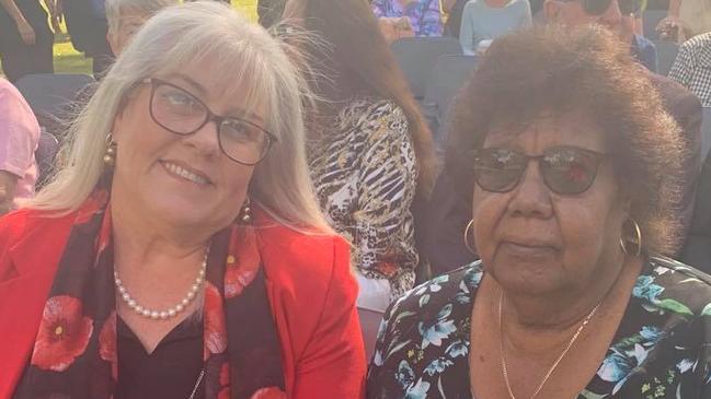 Councillor Dolly Jensen (left) and Butchulla Elder Aunty Lillian Burke (right) in 2020, when Aunty Lillian unveiled a new monument in Memorial Park on to honour all known and unknown Aboriginal and Torres Strait Islander service men and women.