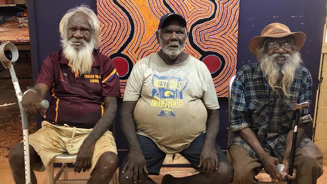 Balgo elders and prominent artists, from left, Larry Gundora, Jimmy Tchooga, and Helicopter Tjungurrayi are among those most at risk from a feared coronavirus outbreak. Picture: Supplied