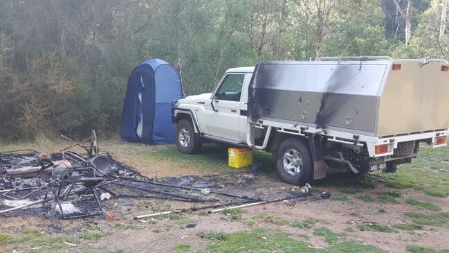 Police found the damaged campsite belonging to Russell Hill and Carol Clay after they vanished in Wonnangatta Valley. Picture: ABC