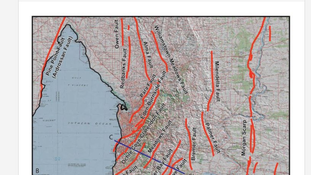 A map showing fault lines near Adelaide. Picture: Dan Clark, Mark Leonard: Geoscience Australia