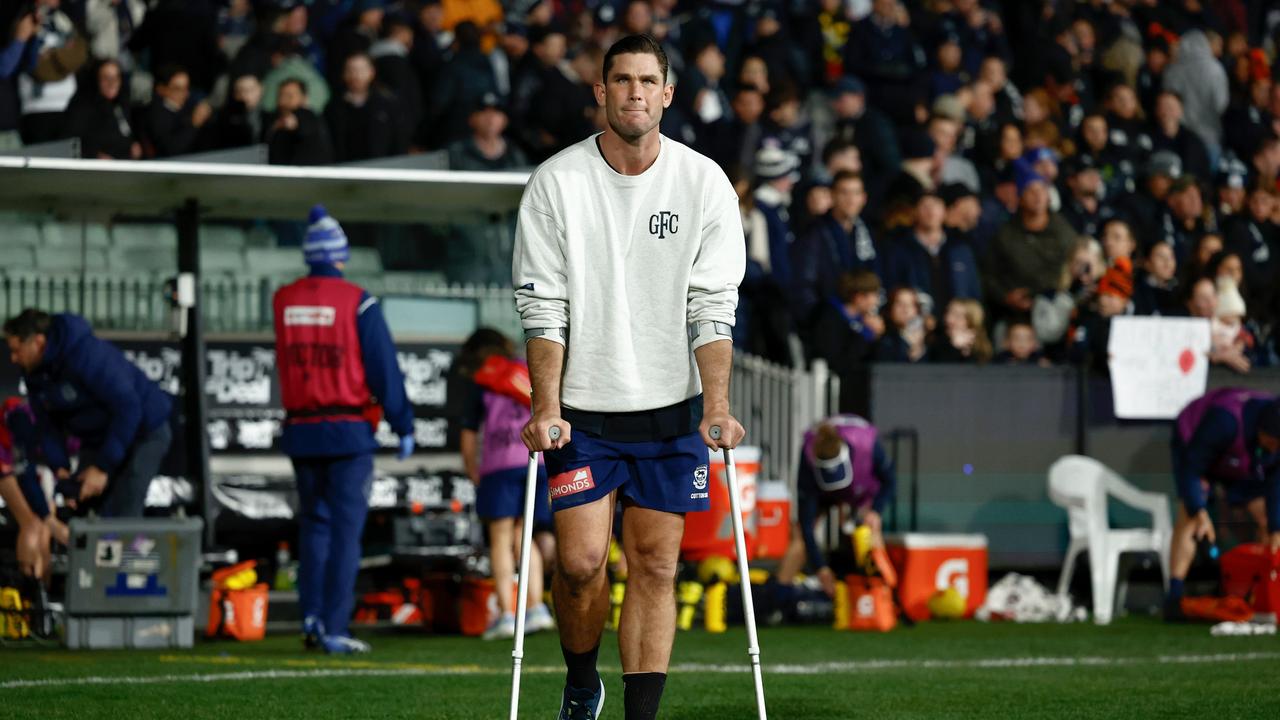 MELBOURNE, AUSTRALIA - JUNE 21: Tom Hawkins of the Cats is seen on crutches after the 2024 AFL Round 15 match between the Carlton Blues and the Geelong Cats at The Melbourne Cricket Ground on June 21, 2024 in Melbourne, Australia. (Photo by Michael Willson/AFL Photos via Getty Images)