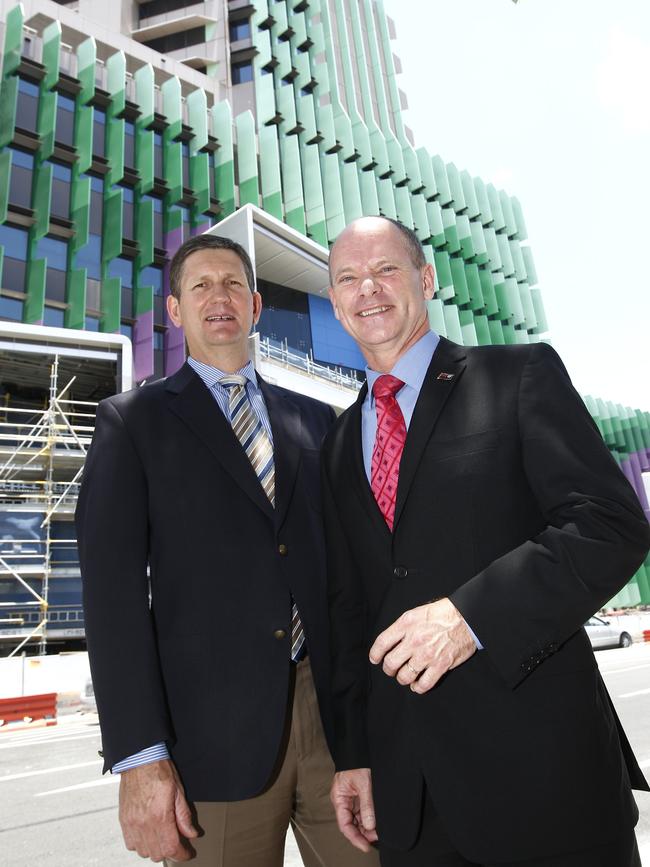 Former premier Campbell Newman (right) and Health Minister Lawrence Springborg announcing the name of the new Children’s Hospital as the Lady Cilento Children’s Hospital.