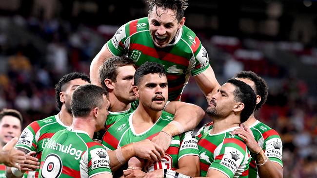 Latrell Mitchell celebrates a try with his Rabbitohs teammates at Suncorp Stadium. Picture: Getty Images