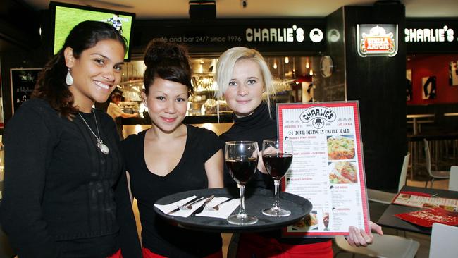 Snapshot of Surfers Paradise waitresses at Charlie's in Cavill Mall. Fernanda Bittencourt, Liliana Damaso and Cristina Skripnikova.