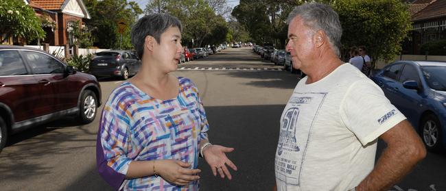 Newtown state Greens MP Jenny Leong discusses concerns with resident Charles Bailey. Picture: Quentin Jones