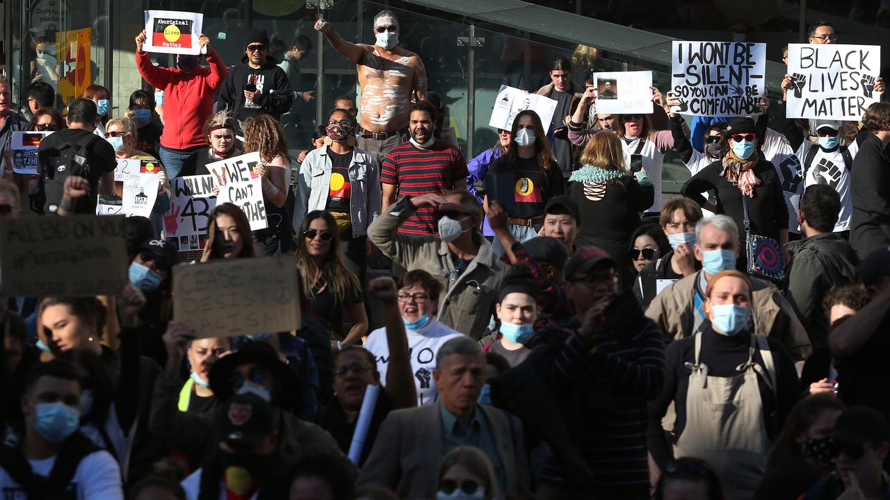 Black Lives Matter protesters at Town Hall in Sydney on June 6. Picture: Lisa Maree Williams/Getty Images