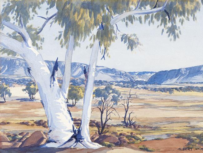 Detail: Albert Namatji ra MacDonnell Ranges at Heavitree Gap c. 1950s National Gallery of Victoria, Melbourne Presented by Esso Australia Pty Ltd, 2018 © Namatjira Legacy Trust/Licensed by Copyright Agency, Australia Image courtesy of N GV