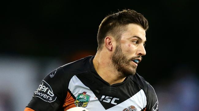 Tigers James Tedesco during the round 5 NRL game between the Wests Tigers and the Cronulla Sharks at Campbelltown Stadium . Picture Gregg Porteous