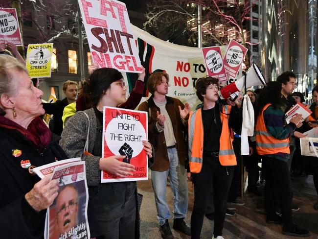 Campaign Against Racism and Fascism protesters outside right-wing UK politician Nigel Farage’s speaking event. Picture: Jake Nowakowski