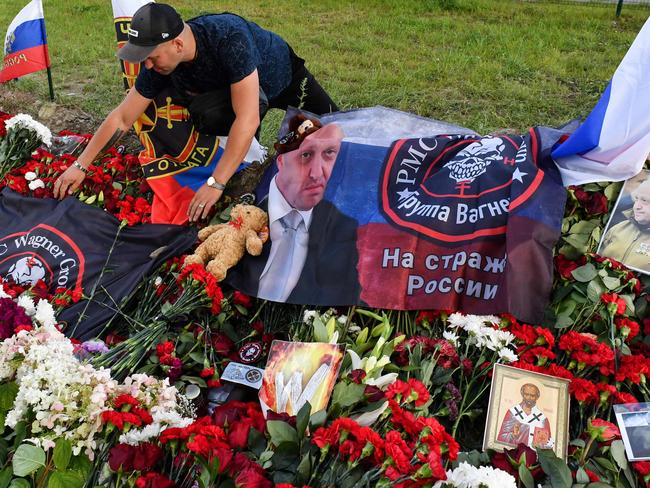 A makeshift memorial for Yevgeny Prigozhin in front of the Private Military Company (PMC) Wagner Centre in Saint Petersburg. Picture: Olga Maltseva/AFP