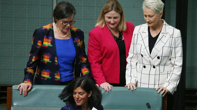 The Independents, Cathy McGowan, Rebekha Sharkie, Kerryn Phelps with Julia Banks after she stood in the House of Representatives and resigned as Liberal backbencher to join the Independents. Picture Gary Ramage