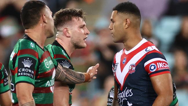 Daniel Suluka-Fifita of the Roosters has words with Jai Arrow of the Rabbitohs after being sent to the sin-bin. Picture: Cameron Spencer/Getty Images