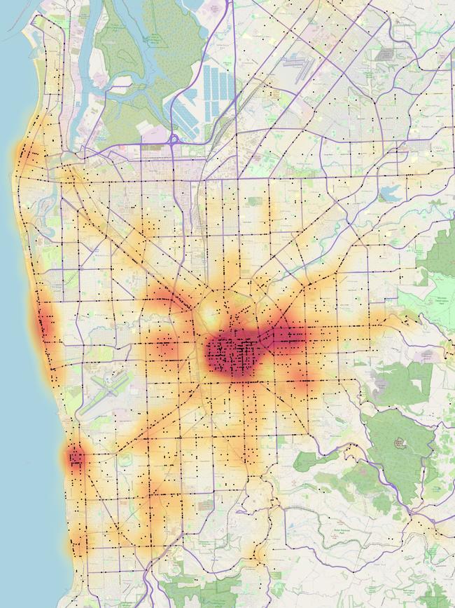 A heatmap showing where the most cyclist crashes occurred in Adelaide between 2017 and 2021.