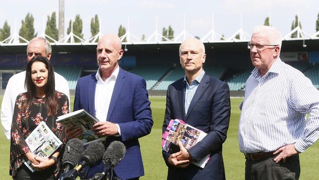 L-R Sports Minister Jane Howlett, Jim Wilkinson, Premier Peter Gutwein, Brett Godfrey, Errol Stewart at UTAS Stadium. AFL taskforce announcement. Picture: PATRICK GEE