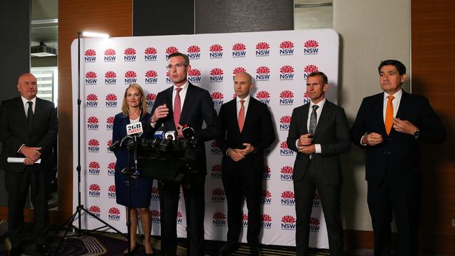 (L-R) Minister for Transport David Elliott, Premier Dominic Perrottet, Minister for Roads Natalie Ward, Treasurer Matt Kean, Minister for Infrastructure Rob Stokes, and Member for Parramatta Geoff Lee make an important announcement regarding Parramatta Light Rail Stage Two important in Sydney. Picture NCA Newswire/ Gaye Gerard