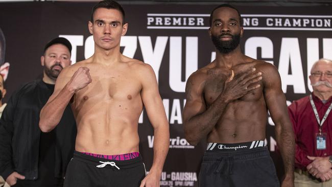 Tim Tszyu and Terrell Gausha made the super-welterweight limit at their weigh-in before Saturday's fight. Photo courtesy of No Limit Boxing.