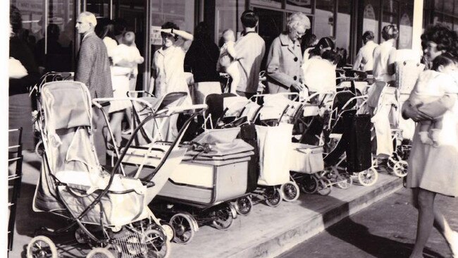 Prams lined up outside Kmart Burwood.