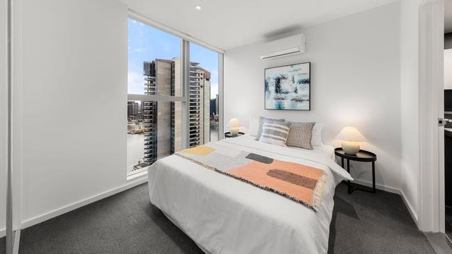 One of two bedrooms at the Docklands home.