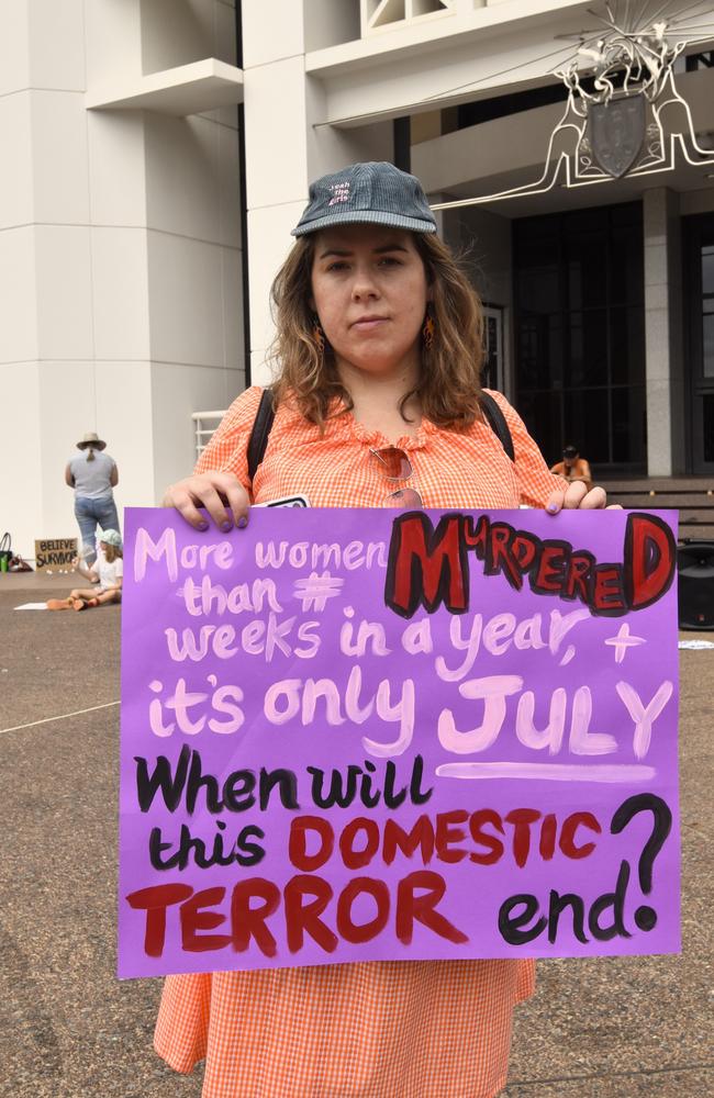 Megan Dunstone at the Darwin No More Violence rally at Parliament House, 2024. Picture: Sierra Haigh