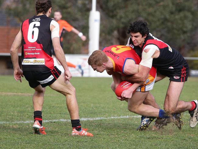 Pascoe Vale’s Luke Foster tackles Maribyrnong Park’s Sam O'Brien. The club has been fined $1000. Picture: Andrew Tauber