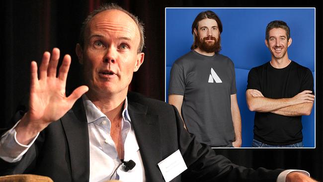 Magellan's Hamish Douglass and (inset) Atlassian duo Mike Cannon-Brookes and Scott Farquhar.