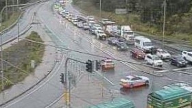 A female driver died after her car left the M1 Motorway at Lenaghan, hit a tree and rolled about 10.30am. Picture: Live Traffic NSW.