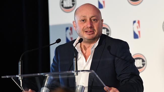 Larry Kestelman, to announce the details of the games between NBL and NBA teams during this year's NBA Preseason. Picture: AAP Image