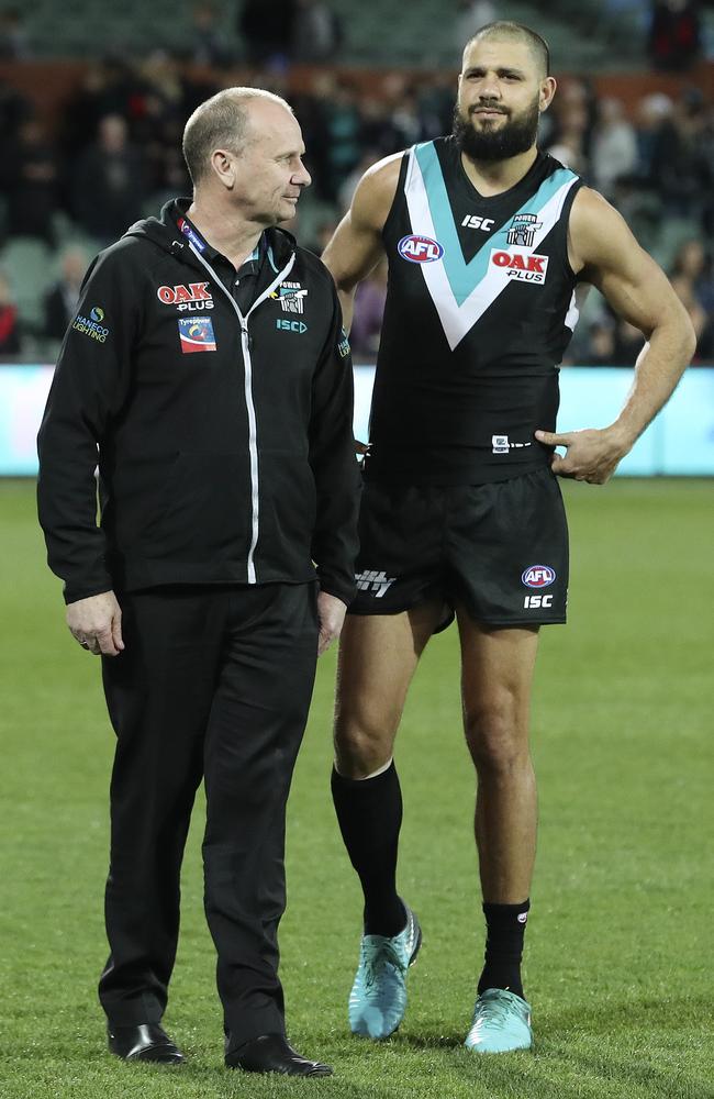 Port Adelaide coach Ken Hinkley with Paddy Ryder after the loss to Essendon on Friday night. Picture: Sarah Reed