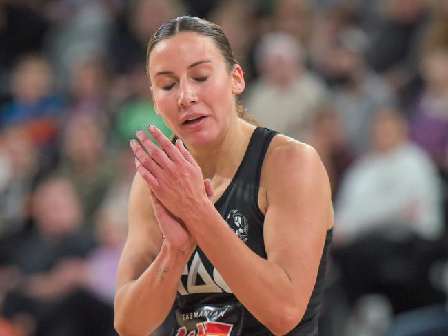 HOBART, AUSTRALIA - MAY 15: Kelsey Browne of the Collingwood Magpies celebrates after a goal during the round nine Super Netball match between Collingwood Magpies and Queensland Firebirds at MyState Bank Arena, on May 15, 2022, in Hobart, Australia. (Photo by Simon Sturzaker/Getty Images)