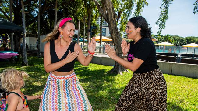 Amy Hetherington vs Lauren Moss on a challenge as Territorians celebrating all things in 2024 at the Darwin Waterfront. Picture: Pema Tamang Pakhrin