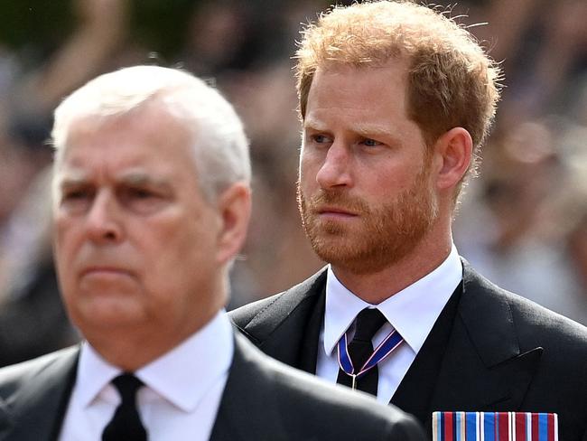 Britain's Prince Andrew, Duke of York and Britain's Prince Harry, Duke of Sussex walk behind the coffin of Queen Elizabeth II, during a procession from Buckingham Palace to the Palace of Westminster, in London on September 14, 2022. - Queen Elizabeth II will lie in state in Westminster Hall inside the Palace of Westminster, from Wednesday until a few hours before her funeral on Monday, with huge queues expected to file past her coffin to pay their respects. (Photo by Kate Green / POOL / AFP)