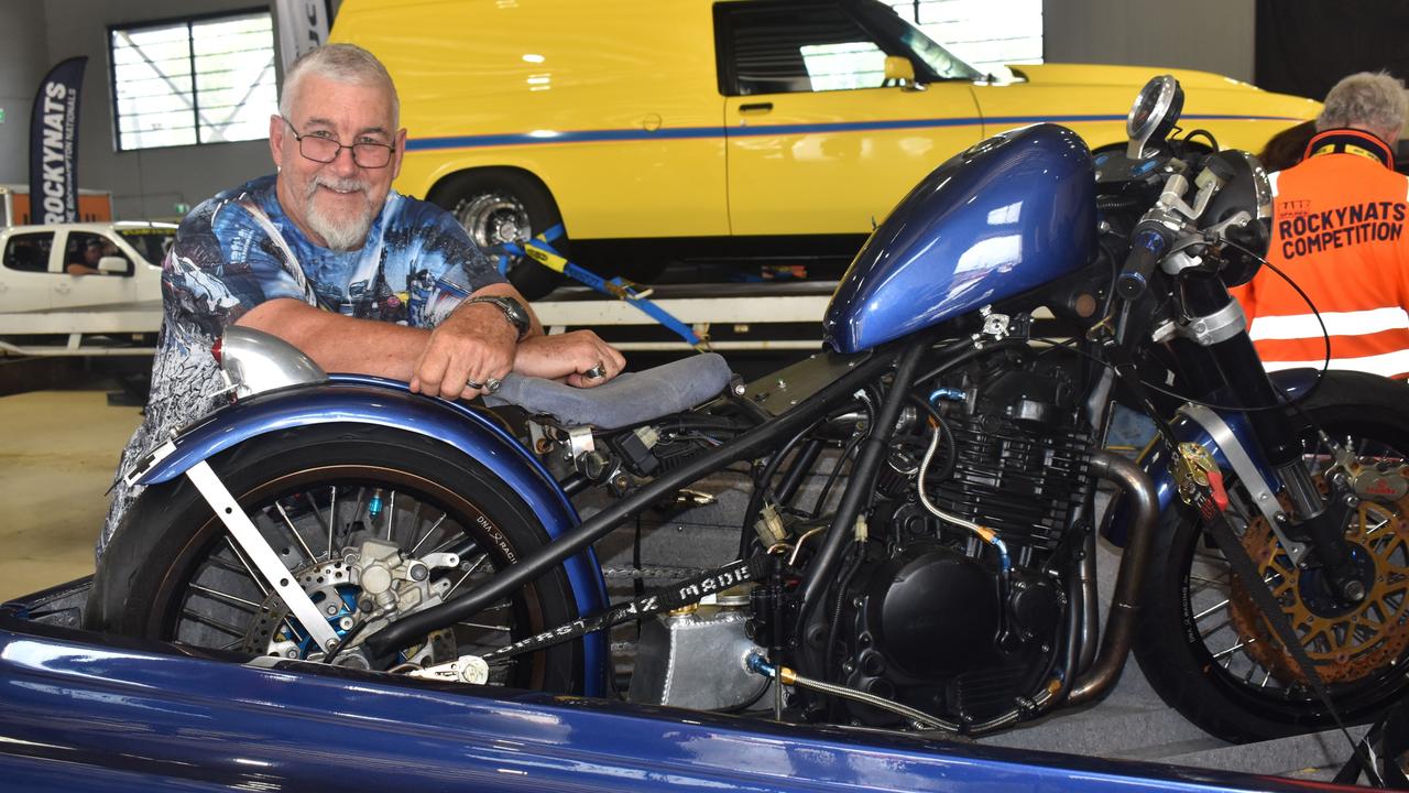 Jon Neville from Cairns with his bitza motorbike (Honda, Harley and KTM) at scrutineering for Rockynats 04 at the Rockhampton Showgrounds on March 28, 2024.