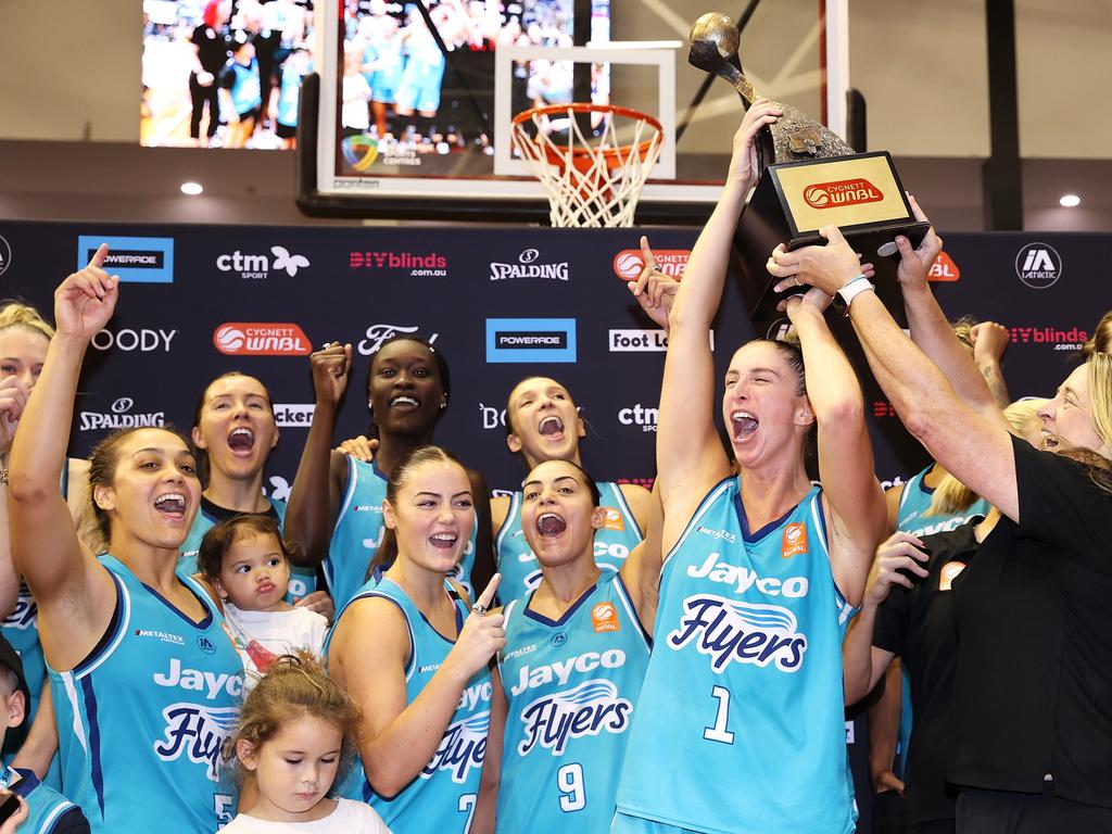 Southside Flyers celebrate winning the WNBL championship. A new era will begin in April with new ownership to take control of Australia’s women’s basketball league. Picture: Kelly Defina/Getty Images