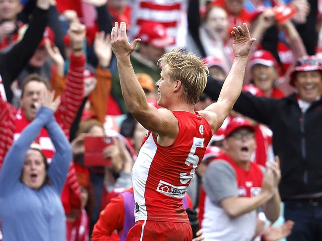 Sydney's Isaac Heeney celebrates kicking a goal with the fans during the Sydney Derby XVXII AFL match between the Sydney Swans and GWS Giants at the SCG on May 4, 2024. Photo by Phil Hillyard(Image Supplied for Editorial Use only - **NO ON SALES** - Â©Phil Hillyard )