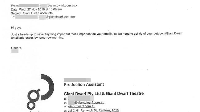 Email sent by Julian Morrow's production assistant asking staff to “save anything important” as email accounts would be deleted the following day.