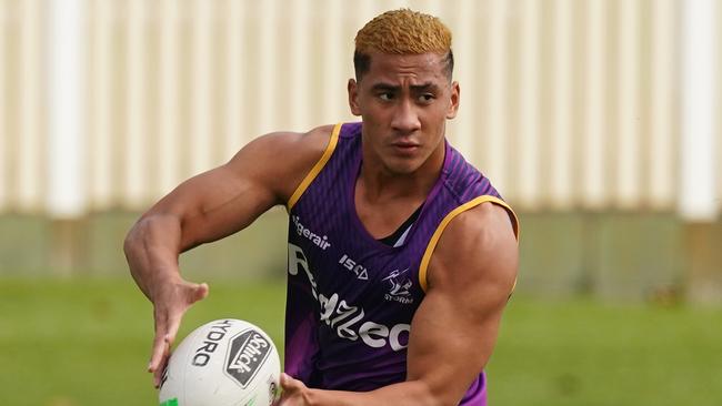 Dean Ieremia runs with the ball during a Melbourne Storm NRL training session at Albury Sports Ground in Albury, Wednesday, May 6, 2020. (AAP Image/Scott Barbour) NO ARCHIVING