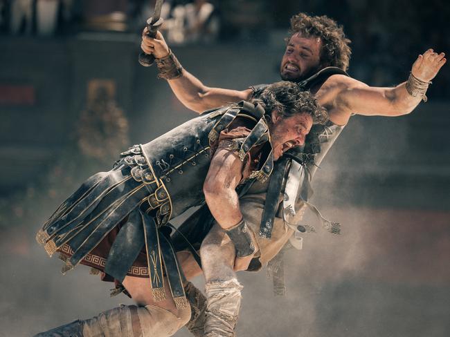 Pedro Pascal as General Acacius and Paul Mescal as Lucius in Gladiator II.